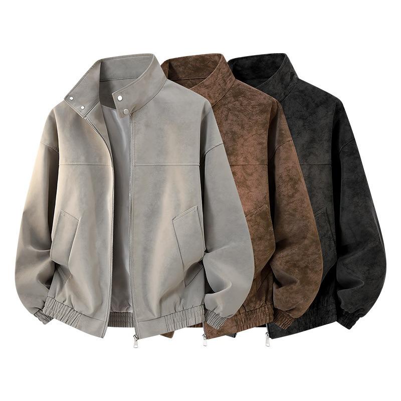 Leather jacket men's stand-up collar leather jacket men's trendy brand casual waterproof and windproof versatile leather jacket men