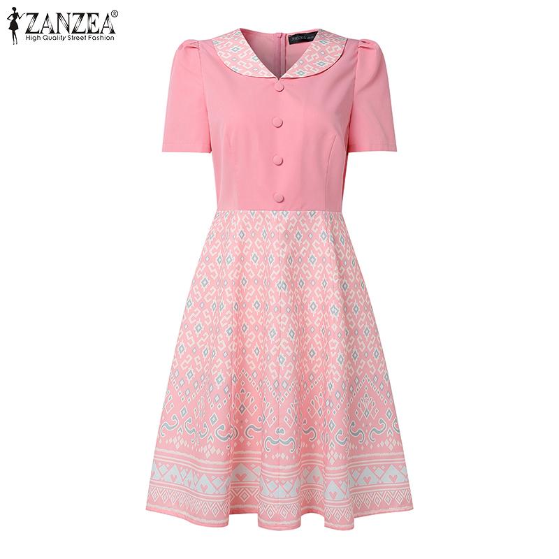 ZANZEA Women Casual V-Neck Summer Short Sleeve Print Dress