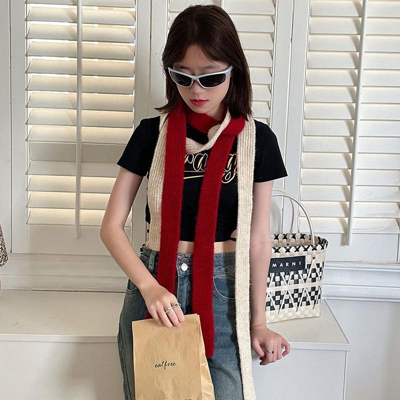 Winter  Solid Color Narrow Long Scarf Female Korean Version Knitted Woolen Scarves Women'S Imitation Cashmere Mohair Scarf