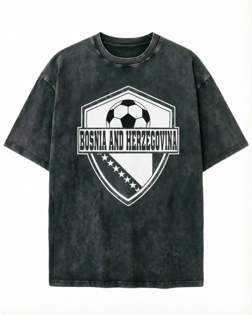2026 new Vintage Washed Black Tshirt Bosnia and Herzegovina Football Print Casual Tee