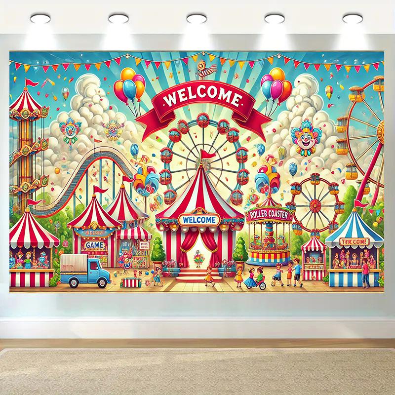 1 vibrant carnival and amusement park themed party banner with Ferris wheel, carousel, and roller coaster designL 100x150cm