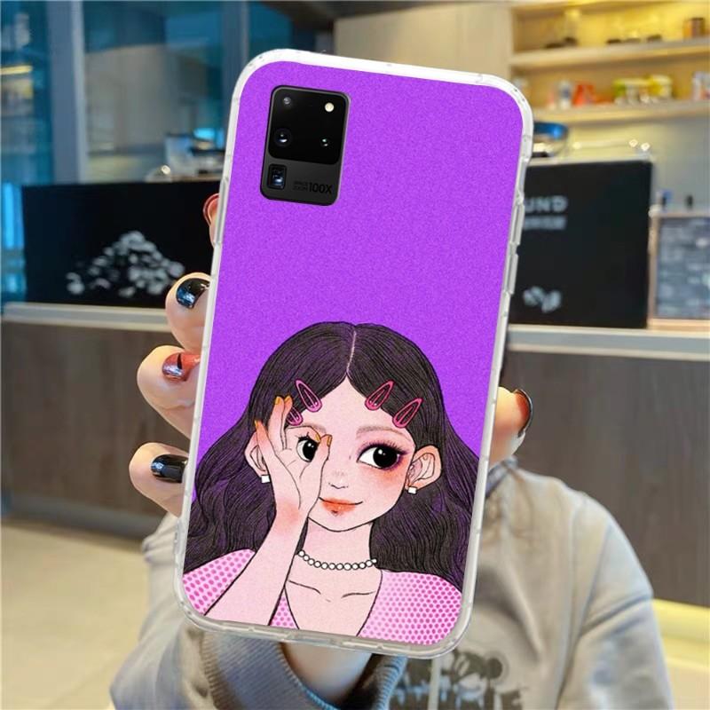 Süßes Mädchen Handgezeichnete Handyhülle für Samsung Galaxy S10 S21 S22 Plus Ultra A91 A51 A21S A12 Transparente Handyhülle
