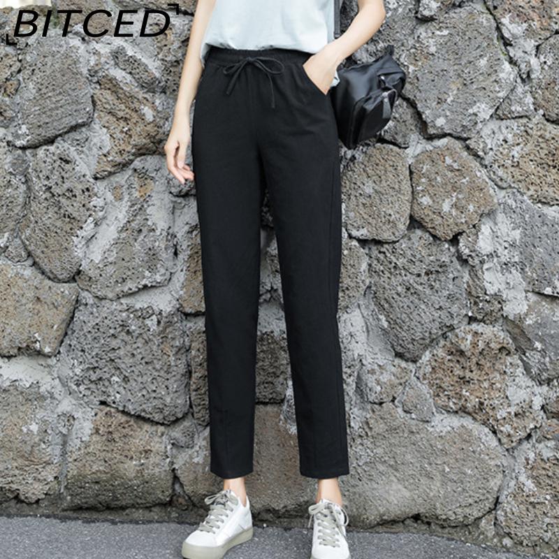 BITCED 9 Color Pure Cotton Nine Point Trousers Spring Summer Slim Straight Loose Casual Pants Women Solid Color Harem Pants