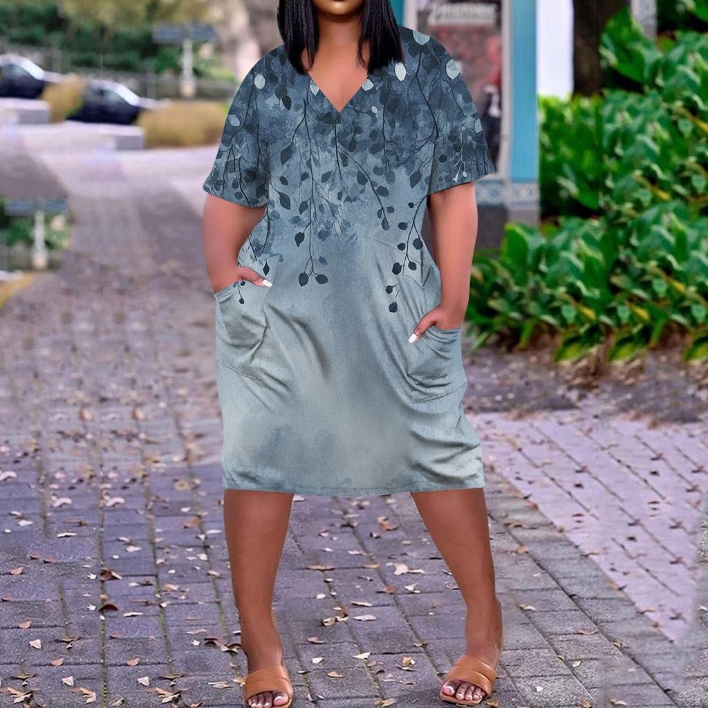 Summer Plus Size V Neck Short Sleeve Knee Pocket  Print Casual Dress For Women