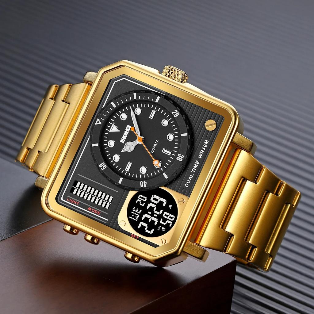 SKMEI Clock reloj hombre Full Steel Back Light Analog Digital Sport Watches Mens Casual 2 Time Chrono Wristwatch Waterproof