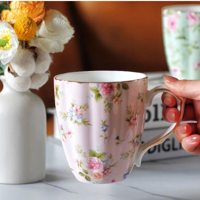 Bone China Coffee Mug – Gold Rim Floral Porcelain Cup for Tea, Milk & Home Office Use