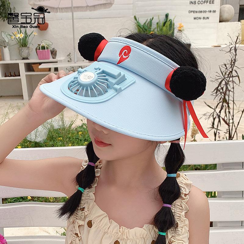 Cartoon Nezha Children's Hat Summer Boys and Girls Sun Protection Empty Top Hat Outdoor Large Brim with Fan Sun Hat