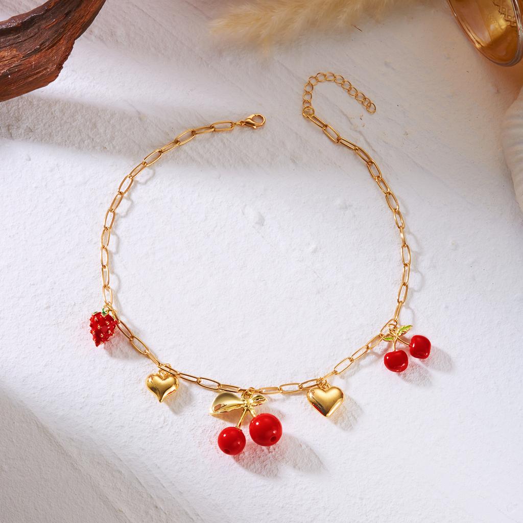 Cute Handmade Red Cherry Love Heart Pendant Necklace for Women Gold Color Strawberry Metal Choker Girls Charm Jewelry Accessorie