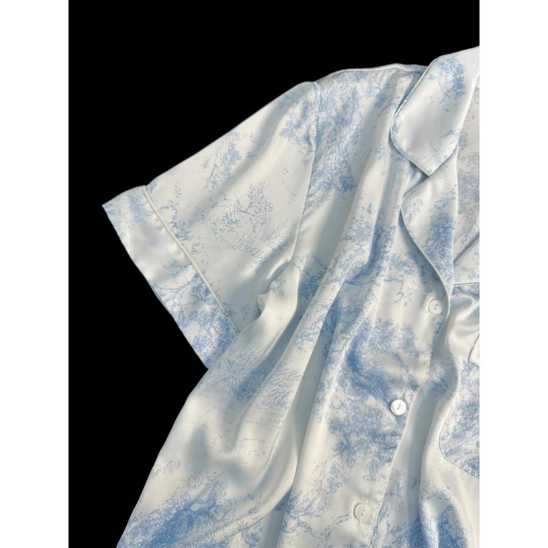 Modische Nachtwäsche Faux-Satin Nachtwäsche 2-teiliger Pyjama Lässiges Pyjama-Set mit Shorts Weiche Glatte Tuschemalerei Outfits