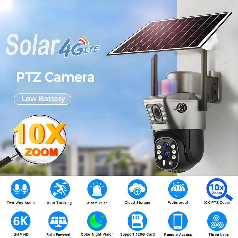 LS VISION 6K 4G Sim Solar Camera 10x Zoom IP CCTV 12MP Dual lens PTZ Surveillance PIR Human Detection Outdoor Security Protection Camera