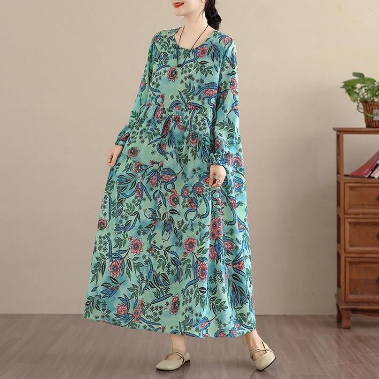 New Spring Summer Women Plus Size Vintage Floral Print Long Dress Loose Oversize Maxi Long Sleeve