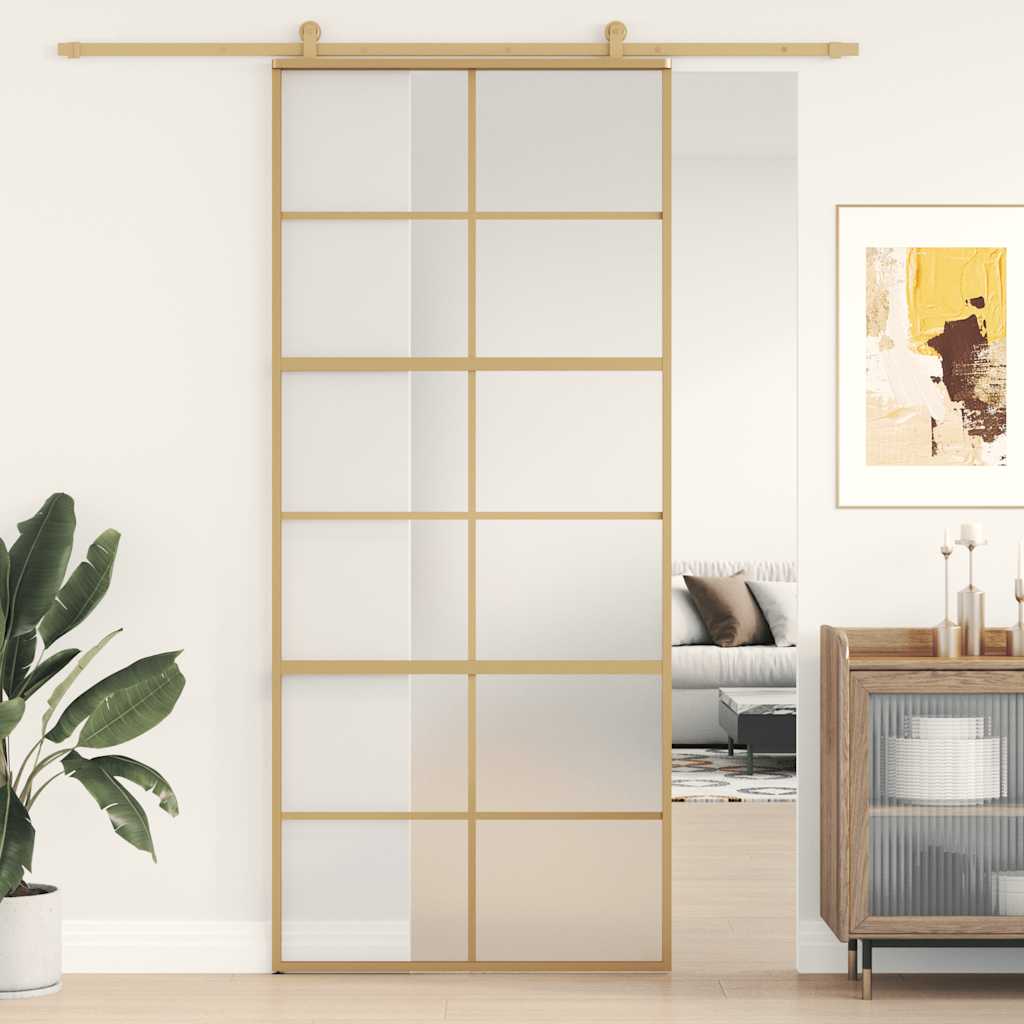 Sliding Door Golden 90x205 Cm Frosted ESG Glass and Aluminum