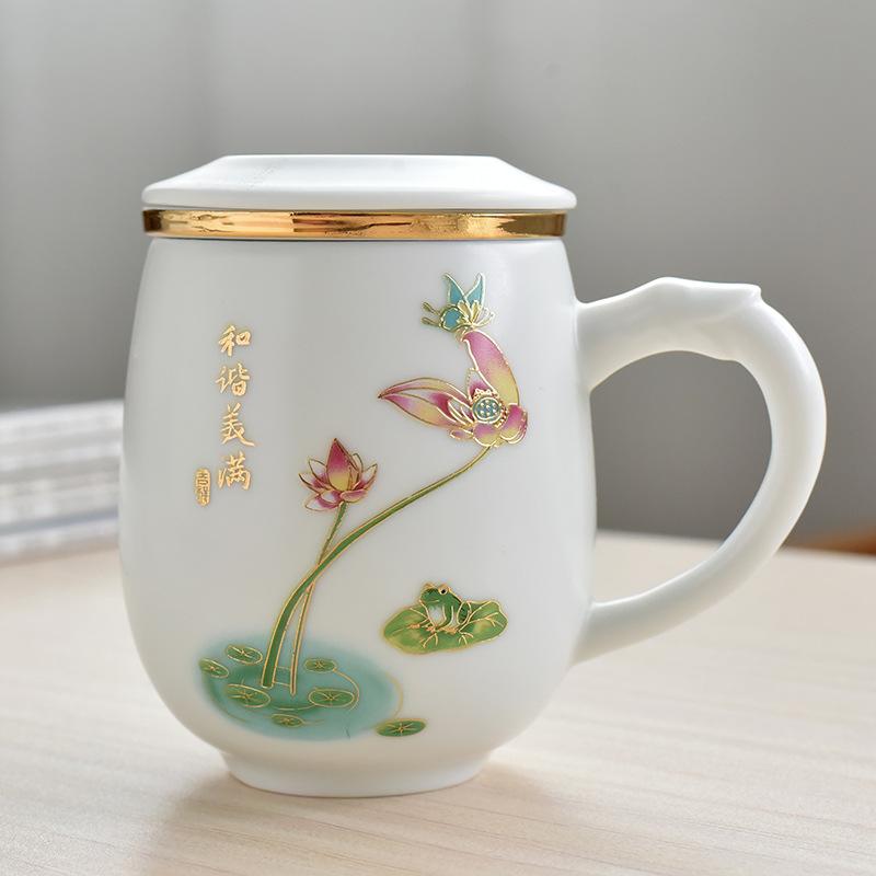 White Porcelain Tea Cup With Lid Office Tea Separation Teacup With Filter Cup Lettering Customized Gift Box