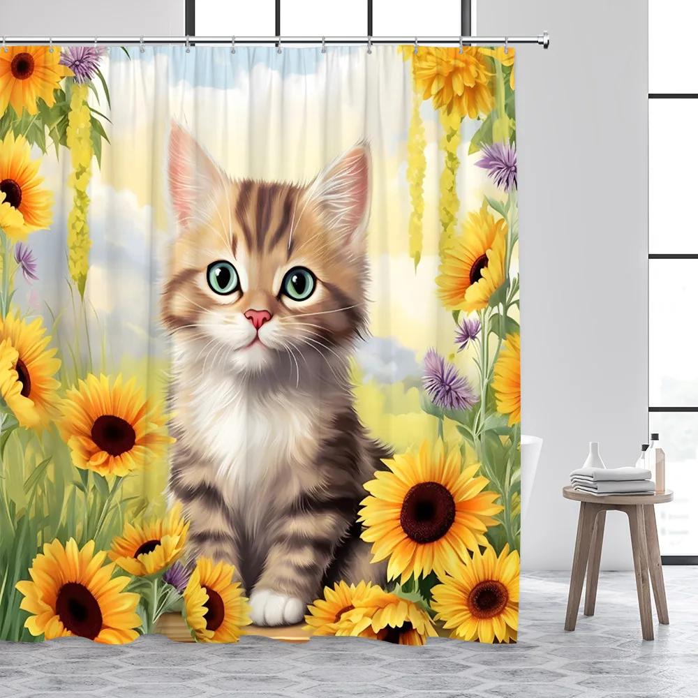 Hummingbird Shower Curtain Spring Flower Watercolor Farm Plant Green Leaf Butterfly Cute Cat Polyester Fabric Bathroom Decor Set