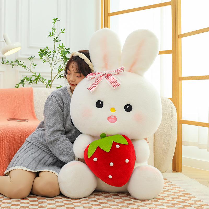 Adorable Strawberry-Holding Rabbit Plush Toy - Soothing Sleep Stuffed Animal Rag Doll for Girls' Birthdays