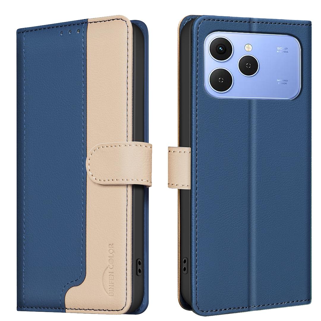 

Для TECNO Spark 40 4G Кожаный чехол BINFEN COLOR Сплайсинг цвета RFID-блокирующий кошелек-подставка Чехол для телефона Blue