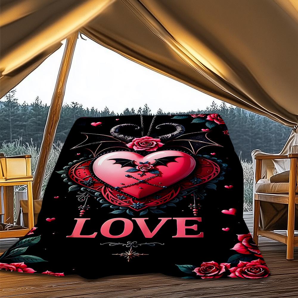 1pc Heartbeat Roses Outdoor Flannel Blanket Soft All Season Polyester Throw , Perfect for Picnics & Travel , Picnic Accessory