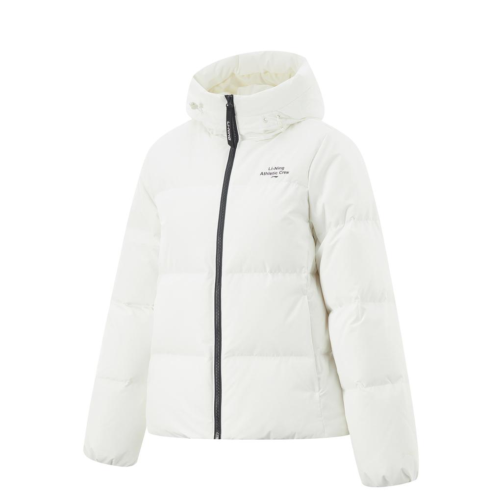 Li Ning Hot Pot Down Jacket Series Water-Resistant Solid Color Hooded 600 Fill Power Short Winter Down Jacket Women outerwear Off-White AYMU338-1