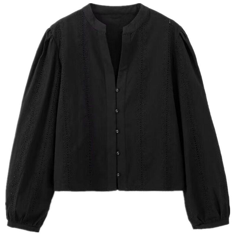 

Модный стиль 2024 Осень Новая женская одежда Вышитый хлопок Длинный рукав Лацкан Повседневная рубашка 8741244 Black XS