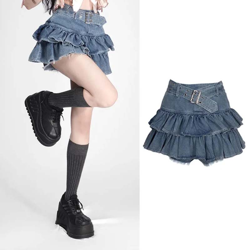 Jeansrock mit doppelter Rüsche und hoher Taille, kurz, blendfrei, dünn, A-Linie, Kuchenrock, Y2K-Mode, süß, sexy, Frühling und Sommer