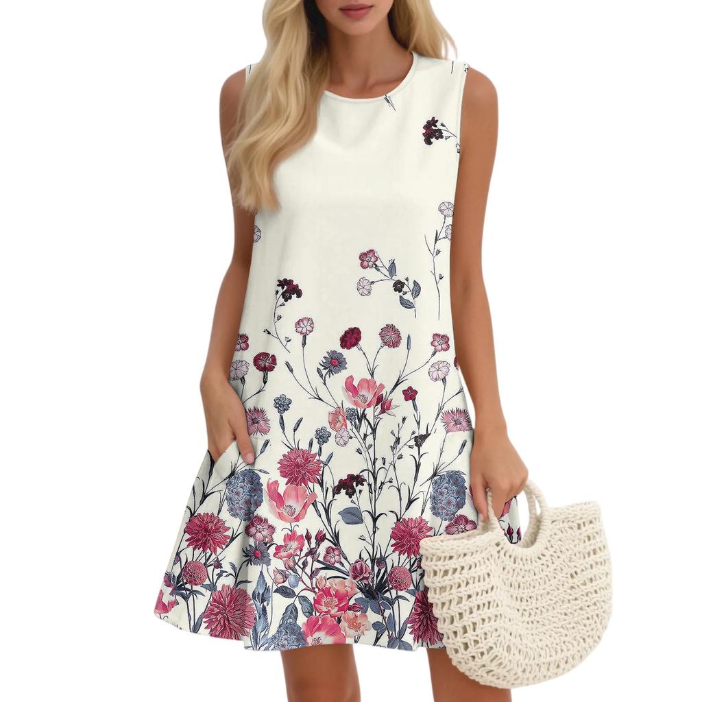 Women's Casual Fashion Breathable Round Neck Vest Floral Holiday Dress With Pockets