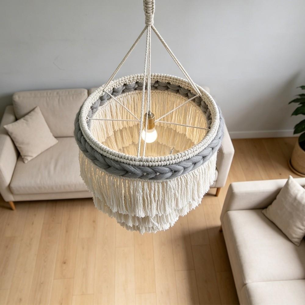 Textured Weave Bohemian Tassel Lampshade Handwoven Tassel Light Shell Living Room