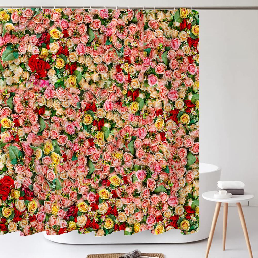 1Pcs Pink flower printing waterproof shower curtain,  Rose flowers wall bathroom decorative curtain with plastic hooks
