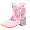 Girls' Plus Velvet Rhinestone Butterfly Boots - Warm Autumn/Winter High-Heeled Short Boots for Kids.