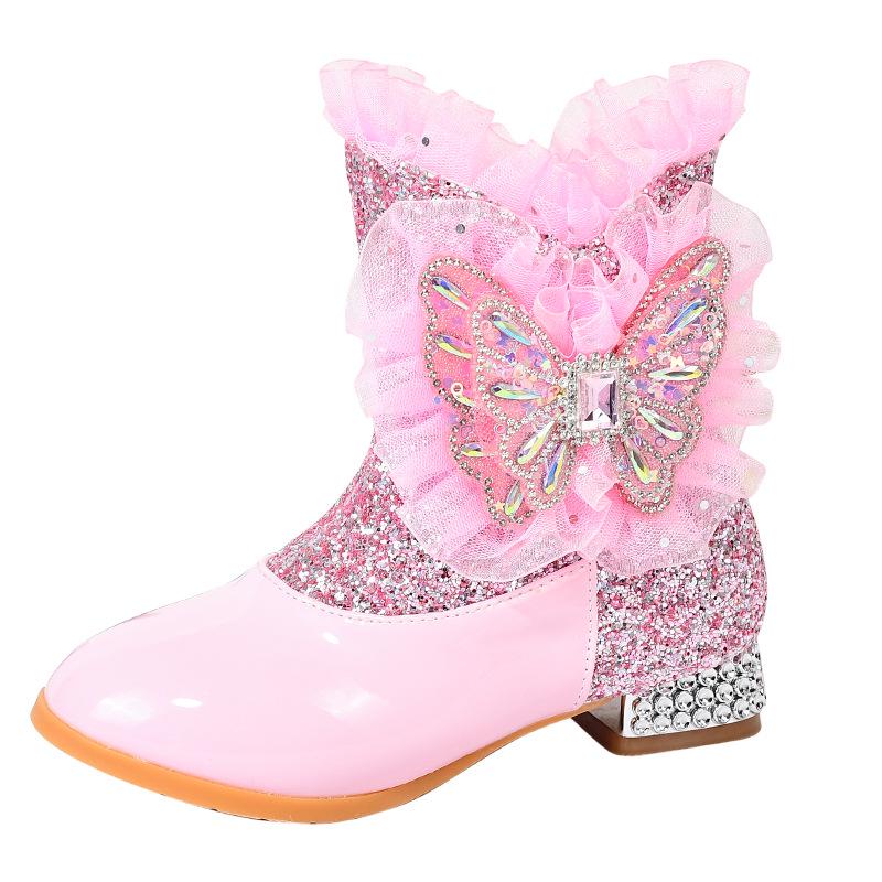 Girls' Plus Velvet Rhinestone Butterfly Boots - Warm Autumn/Winter High-Heeled Short Boots for Kids.
