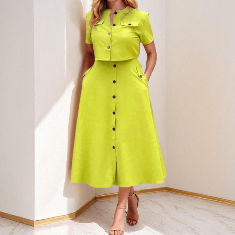 2026 Spring Women's Elegant Solid Color Casual Short Top & Skirt Set