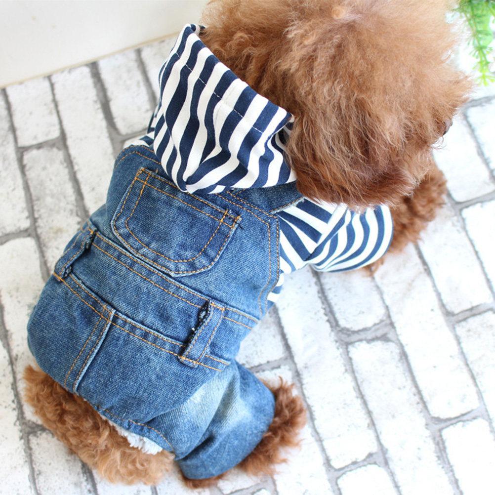 1pc Pet Dog Clothes Stripe Hooded Jumpsuit Denim Puppy Outfit For Outdoor Sleeping Photos Suspenders Clotes Warm Comfortable