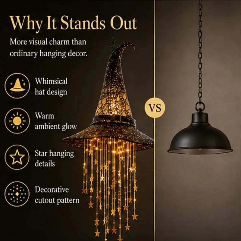 Lighted Witch Hat Hanging Chime, Halloween Outdoor Ornament, Glowing Mesh Cascading Stars, Black Frame Decoration, Party Decor