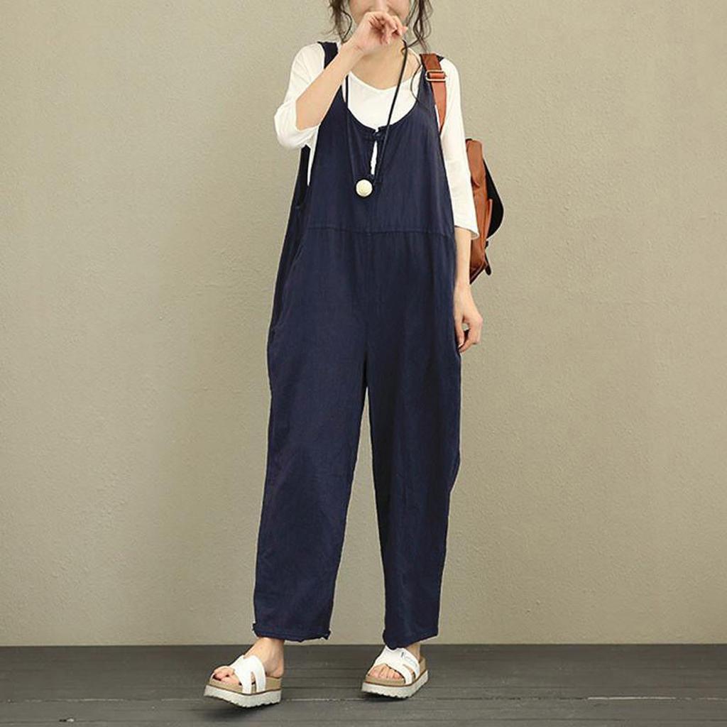Women Fashion Sleeveless Dungarees Loose Cotton Long Playsuit Jumpsuit Pants