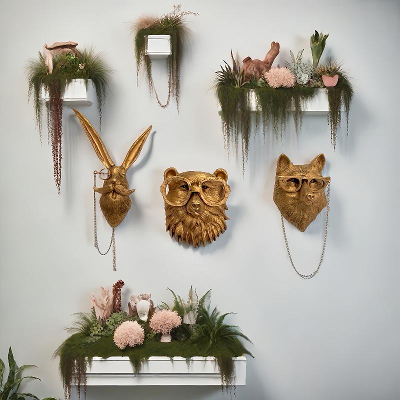 Set di 5 Decorazioni Murali Animali in Resina Vintage con Teste di Orso, Cervo, Topo, Volpe e Coniglio Decorazione per la Casa Interna, Decorazione Festiva