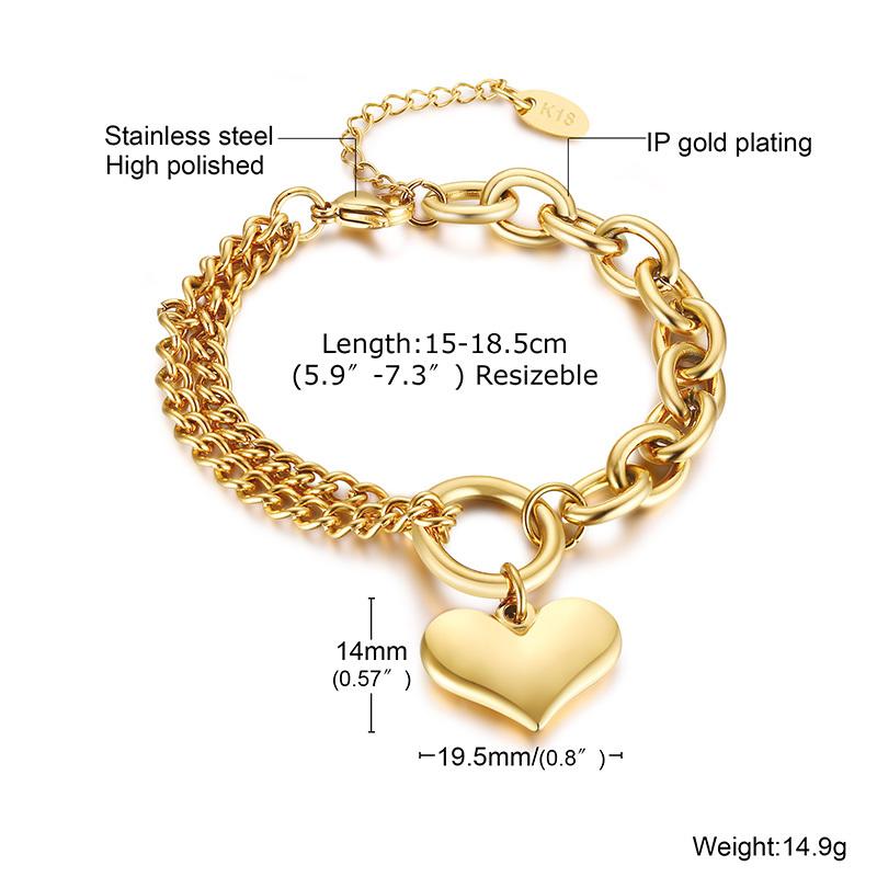Vintage Stainless Steel Thick Chain Love Heart Charms Bracelet For Women Grils Gift Waterproof Jewelry