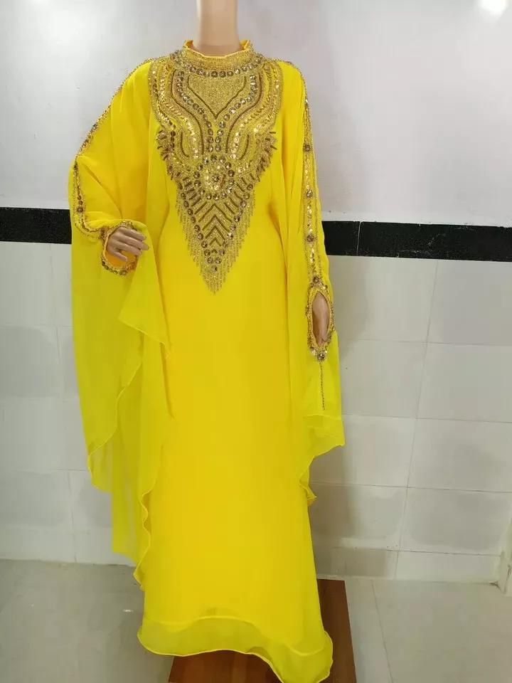 

Стильное ЖЕЛТОЕ длинное марокканское платье-кафтан в стиле Дубай Фараша, платье-абайя ручной работы 3XL жёлтый