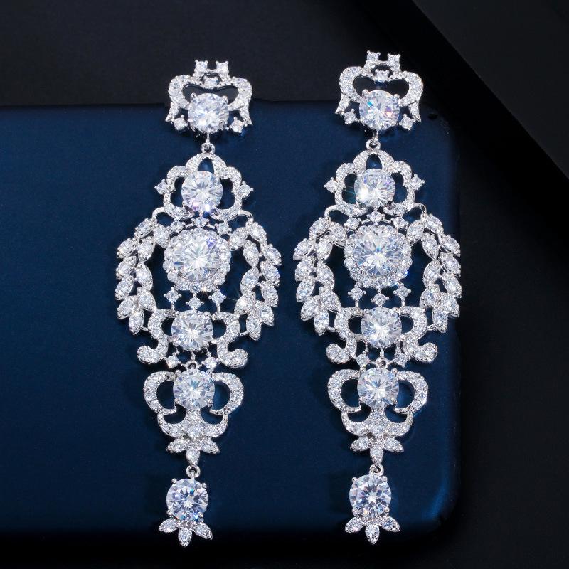 

E0289 White Zircon Hollow Fringed Earrings, Needle Full Diamond Bridal Earrings платиновый
