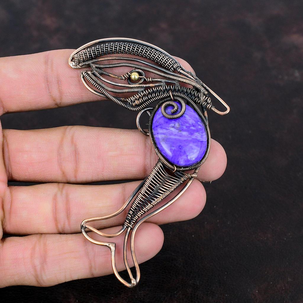 Charoite Pendant Copper Wire Wrapped Jewelry Handmade Fish Pendant Gemstone Pendant Dainty Jewelry Copper Wire Wrap Pendant Anniversary Gift