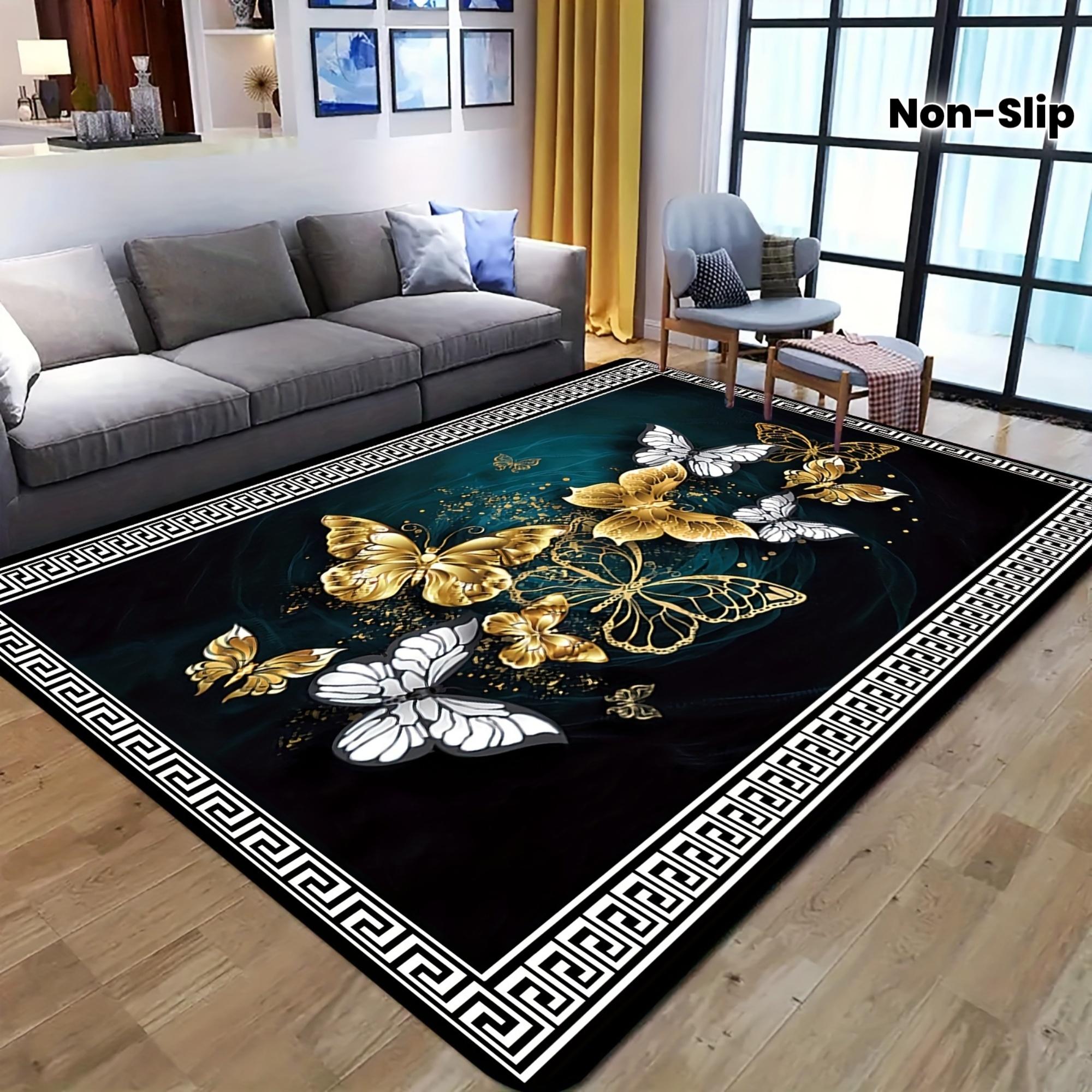 Golden And White Butterfly Pattern Printed Flannel Rug Non Slip Soft Carpet For Living Room Bedroom Elegant Decor Artistic 60x90cm
