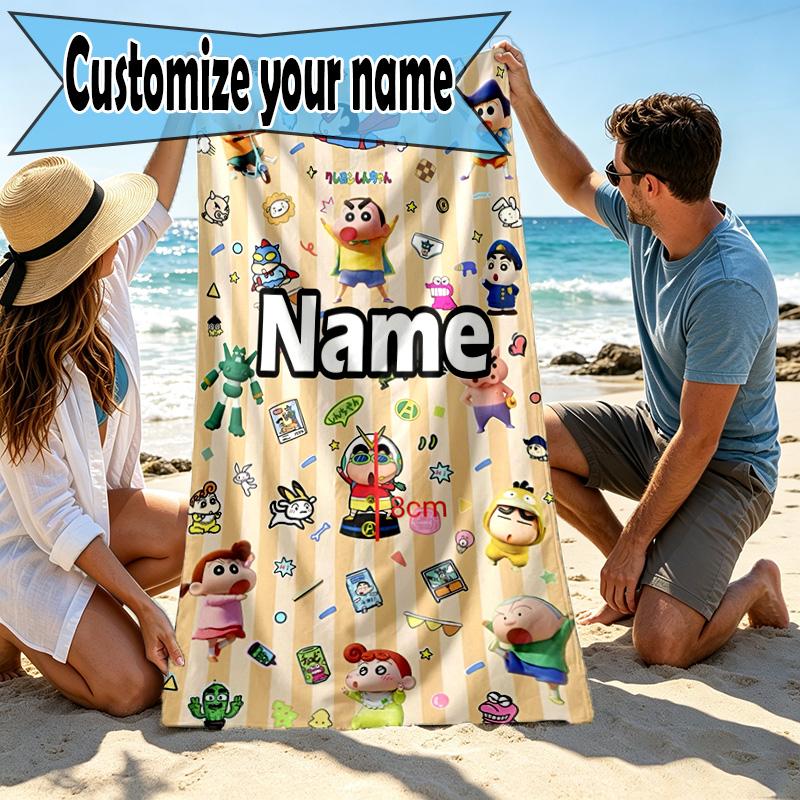 Custom Name Personalized Crayon Shin Print Beach Towel, for Trip Camping Beach Party Home Decor, Birthday Gift for Family & Friends