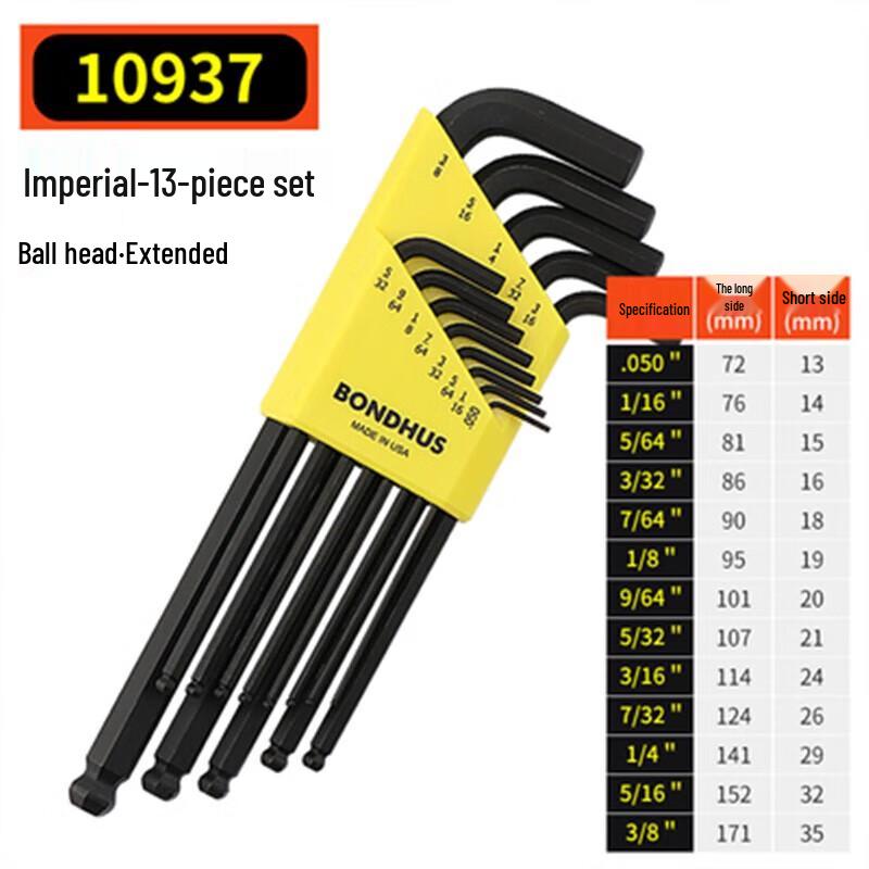 BONDHUS 13-Piece Imperial Long Arm Ball End Hex Key Set 0.05-3/8 inches