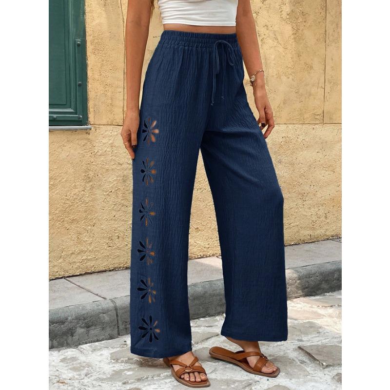 Bohemian Side Hollow Out Embroidery Elastic Waist Loose Wide Leg Long Pants