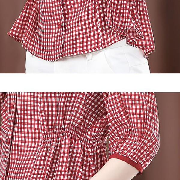 Summer Women's Shirt Three-quarter Sleeve Plaid Shirt Retro Top Casual Blouse