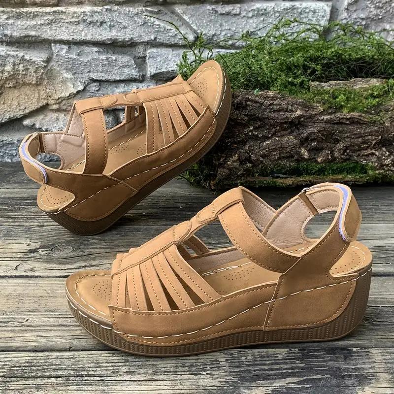 Fashion Bohemia Narrow Band Gladiator Women Summer Casual Platform Wedge Heels Sandals Back Strap Soft Sole Velcro Strap Mom's Shoes