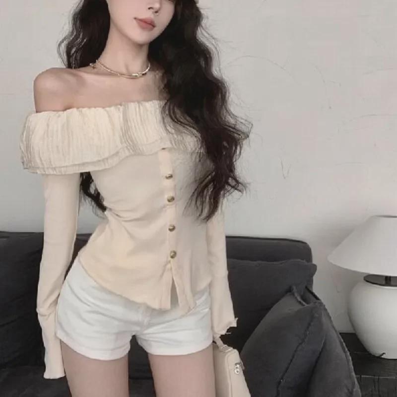 Høst 2024 Fransk Off-Shoulder Rynket Slim Topp for Kvinner