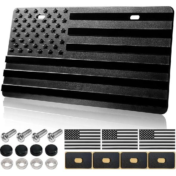 American Flag License Plate For Front Bumper, Black Thick ABS Plastic Car Tag Plate With 3D Embossed USA Flag Pattern, With Screws, Patriotic Decals