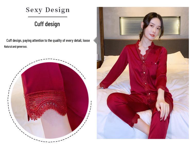 2024 Spring-Fall Ice Silk Couple Pajamas Set: Sexy Women's Long Sleeve & Men's Thin Korean Style Summer Sleepwear.