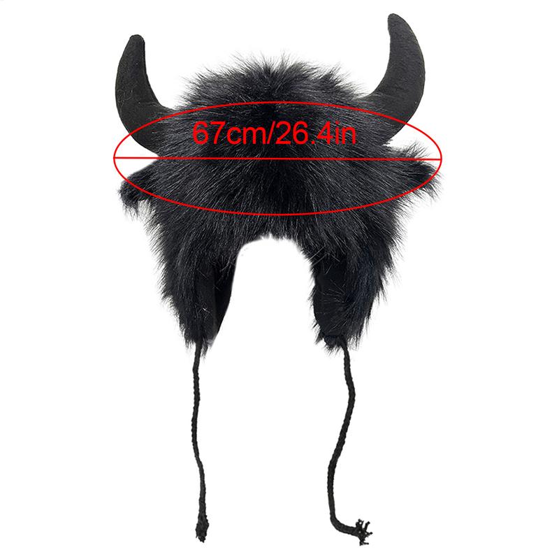 Bison Hat Plush Earflap Hat with Horns Fluffy Ear Headwear for Party Cosplay Props Furry Plush Snow Trapper Hat Winter Warm