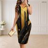 Women Plus Size V Neck Sleeveless Black Gold Printed Bodycon Midi Dress
