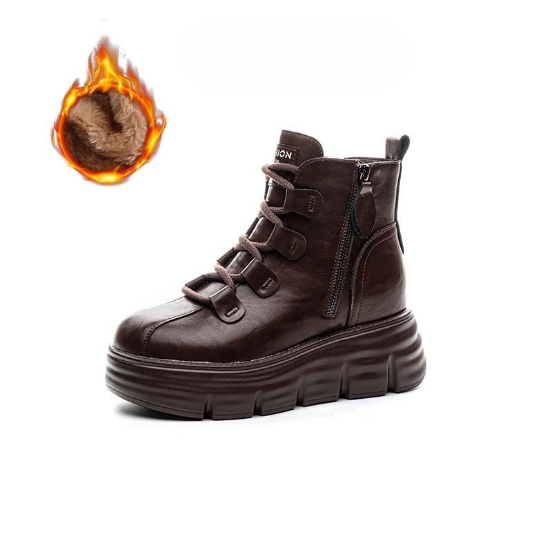 Heightening Boots Women's Autumn Winter New Velvet 8cm Platform Short Boots Retro Versatile High Top Shoes Brown Platform Shoes